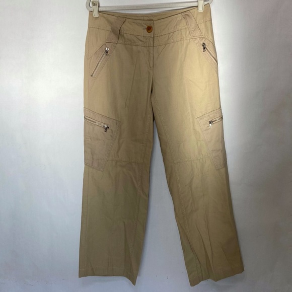 MARC AUREL KHAKI TAN CARGO WIDE LEG ZIPPER COTTON LINEN PANTS - Picture 1 of 14